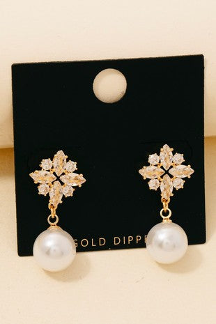 Gold Dipped Cz Cluster Stud And Pearl Charm Earrings