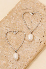 Pearl Charm Wire Heart Dangle Earrings
