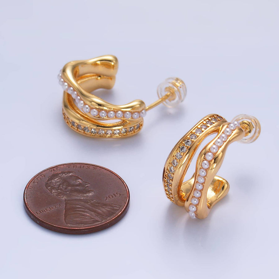 24K Gold Filled CZ Pearl Double Band Hoops