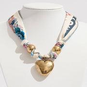 Gold Dipped Puffy Heart Charm Fabric Scarf Necklace / Adjustable Bracelet