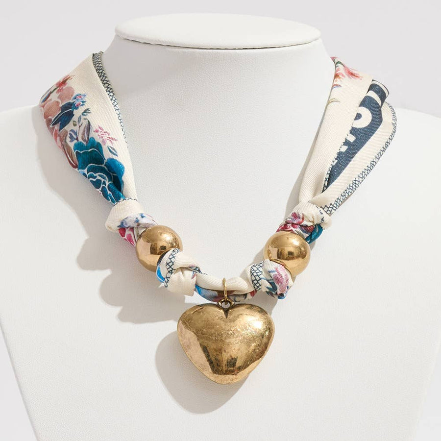 Gold Dipped Puffy Heart Charm Fabric Scarf Necklace / Adjustable Bracelet
