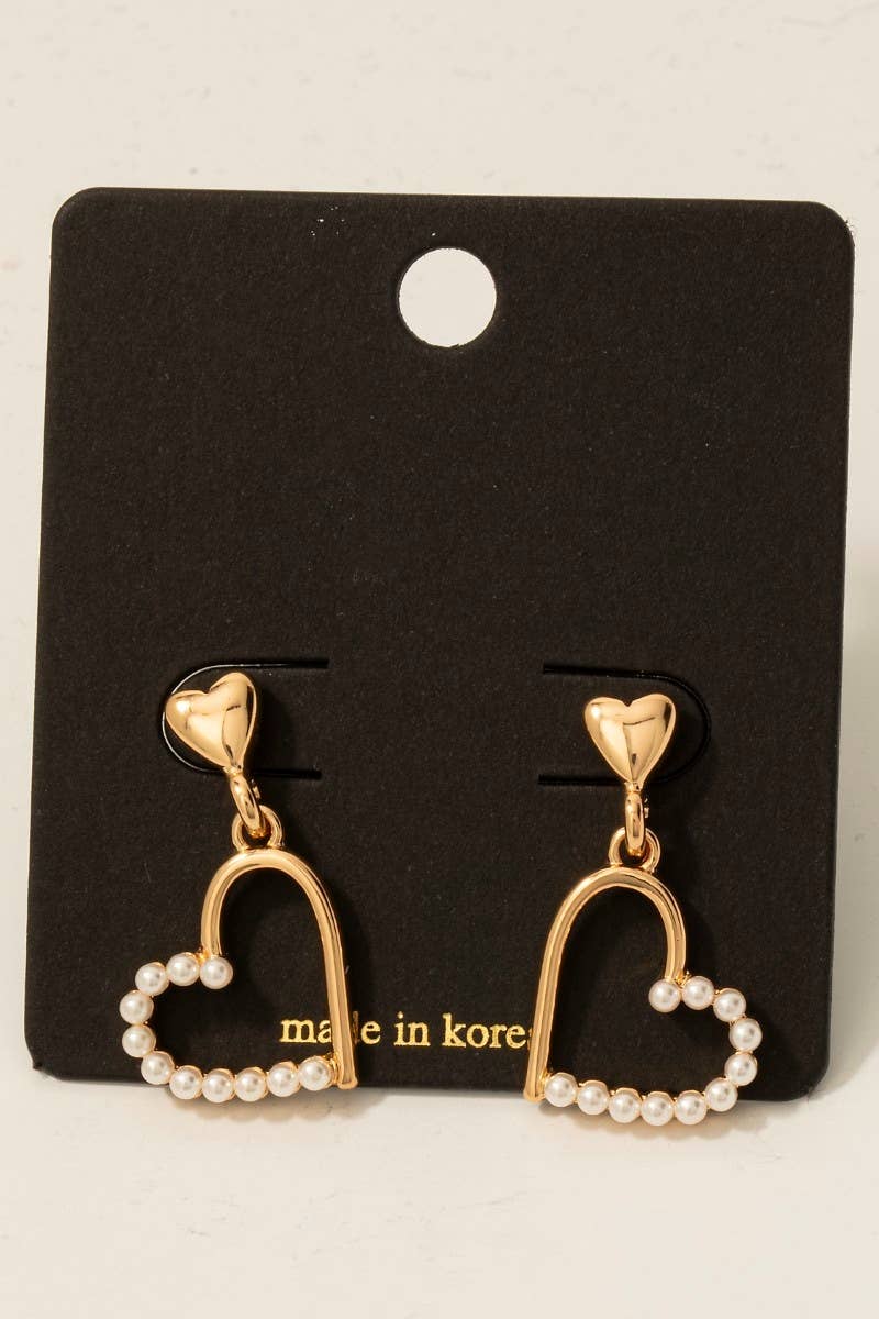 Half Pearl Studded Double Hearts Dangle Earrings
