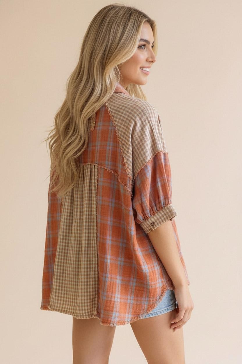 Raglan Mixed Plaid Top