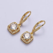 Gold Micro Paved Square Cubic Zirconia Hoop Charm Drop Earrings