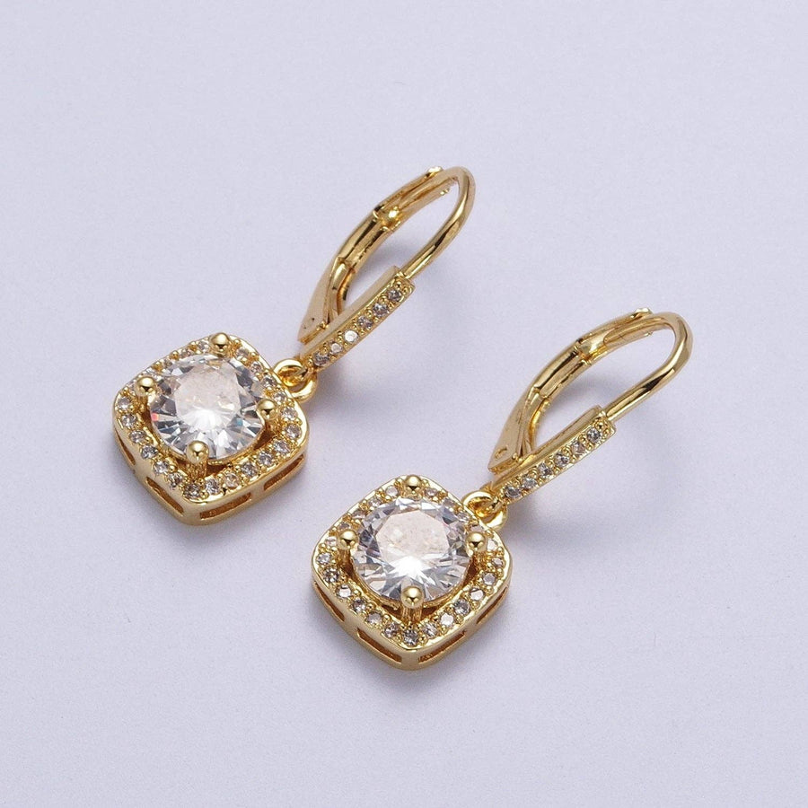 Gold Micro Paved Square Cubic Zirconia Hoop Charm Drop Earrings