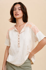 Contrast Shoulder Henley Tee- Apricot