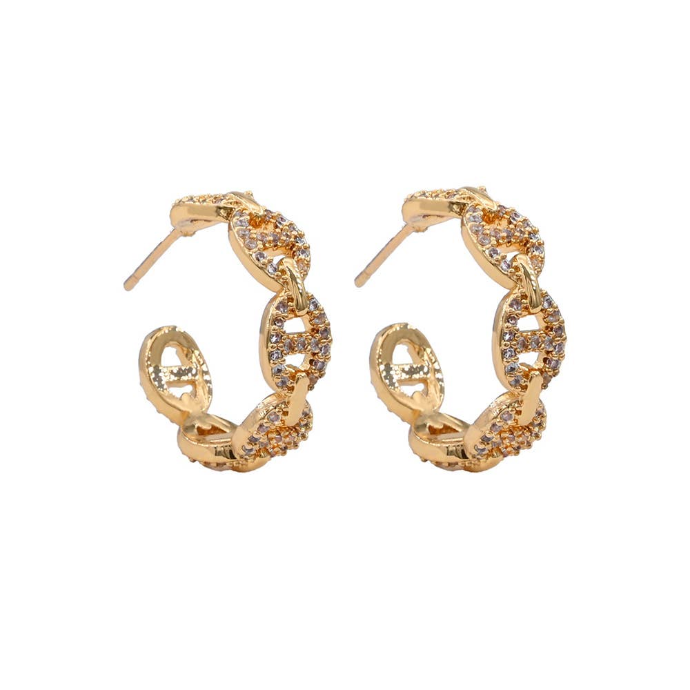 Gold Dipped CZ Stone Paved Mariner Link Hoop Earrings