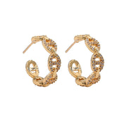 Gold Dipped CZ Stone Paved Mariner Link Hoop Earrings