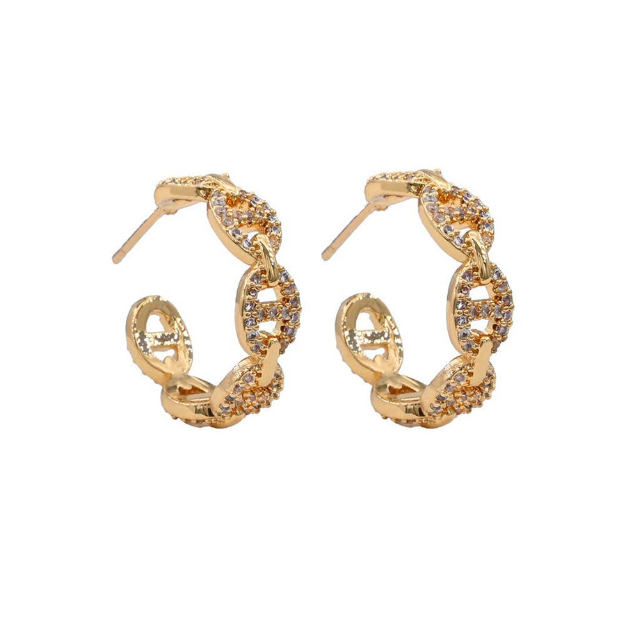 Gold Dipped CZ Stone Paved Mariner Link Hoop Earrings