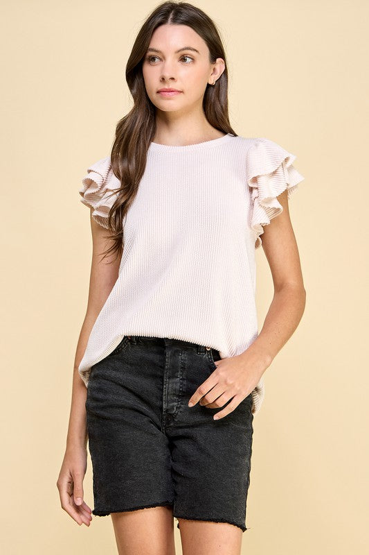 Double Ruffle Ribbed Top- Oat