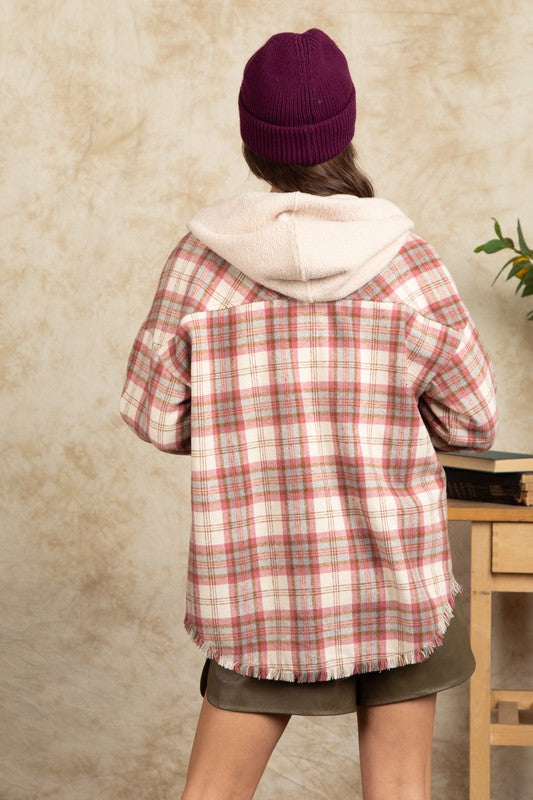 Frayed Hem Hooded Plaid Jacket -Pink