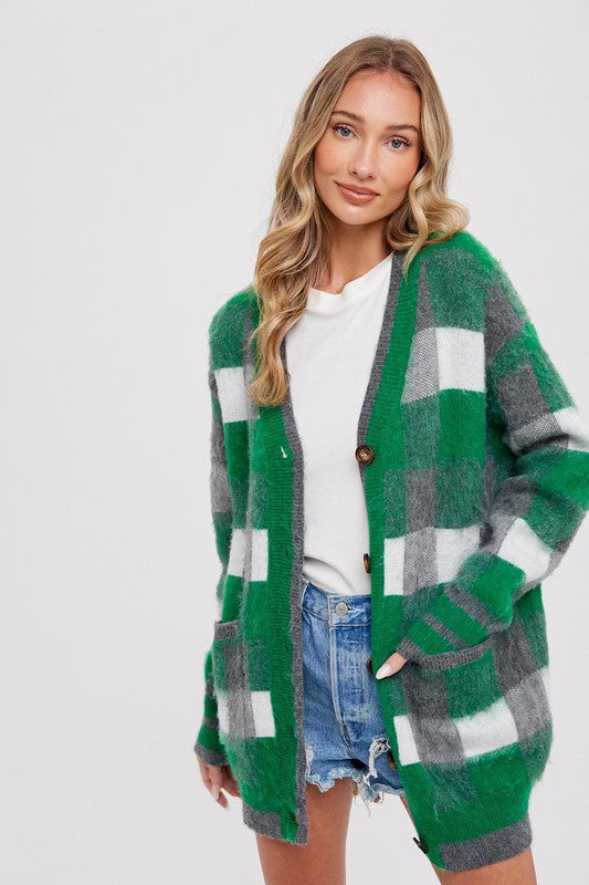 Green Tartan Plaid Cardigan