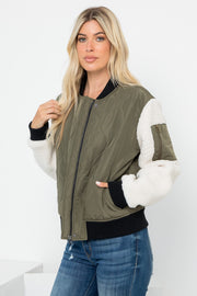 Quilted Bomber With Sherpa Sleeves