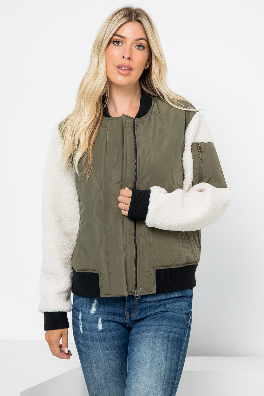 Quilted Bomber With Sherpa Sleeves