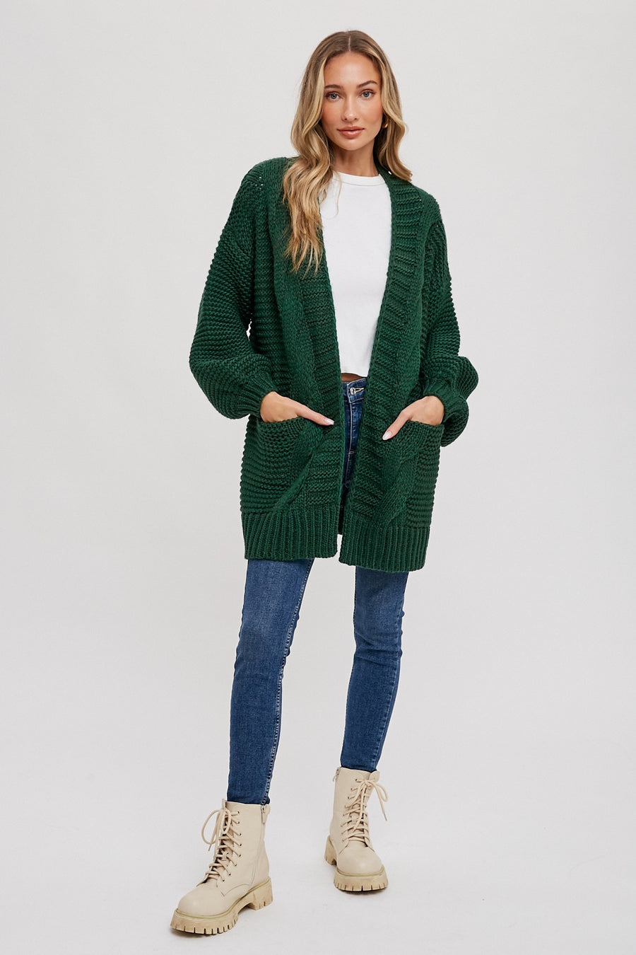 Chunky Cable Lantern Sleeve Cardigan