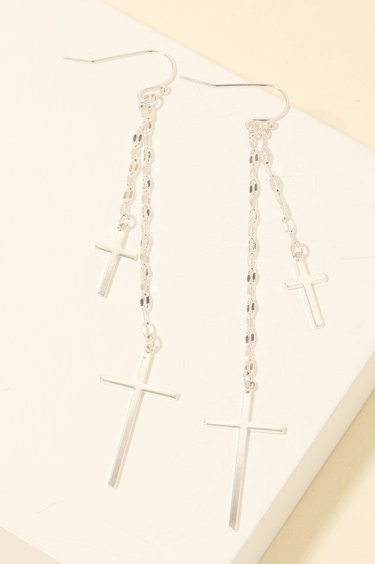 Double Cross Charms Chain Dangle Earrings