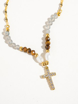 Cross Necklace with Beads and Pearls