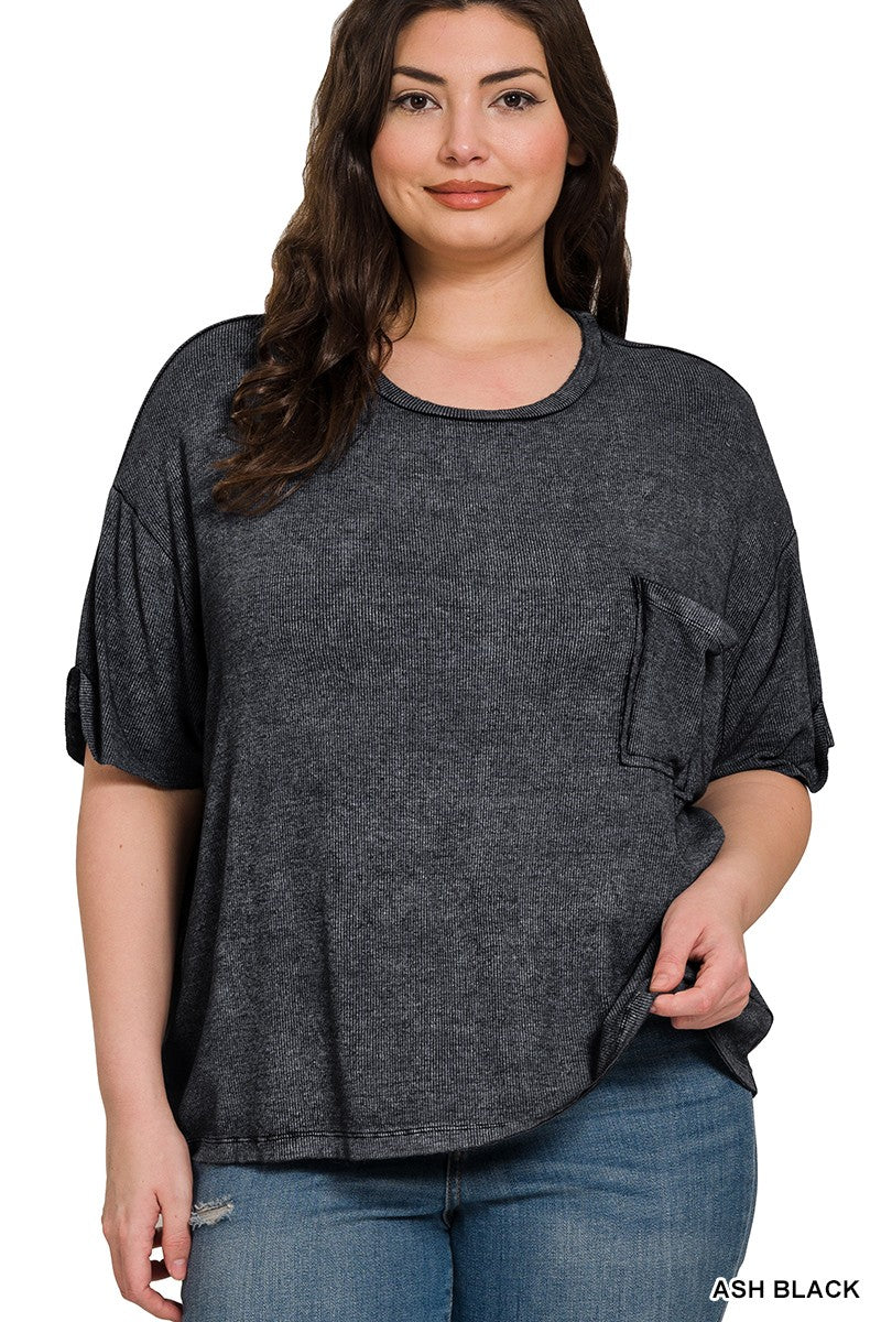 Washed Ribbed Round Neck Top- Plus- Charcoal