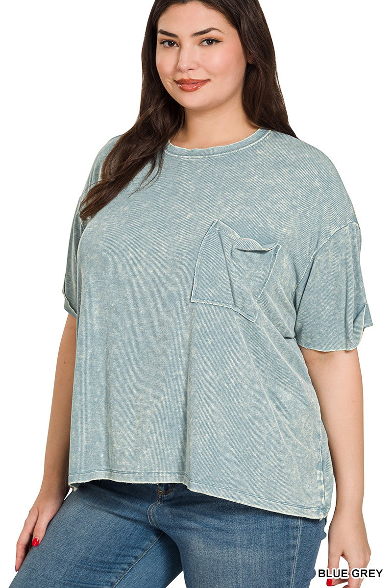 Washed Ribbed Round Neck Top- Plus-Blue Gray