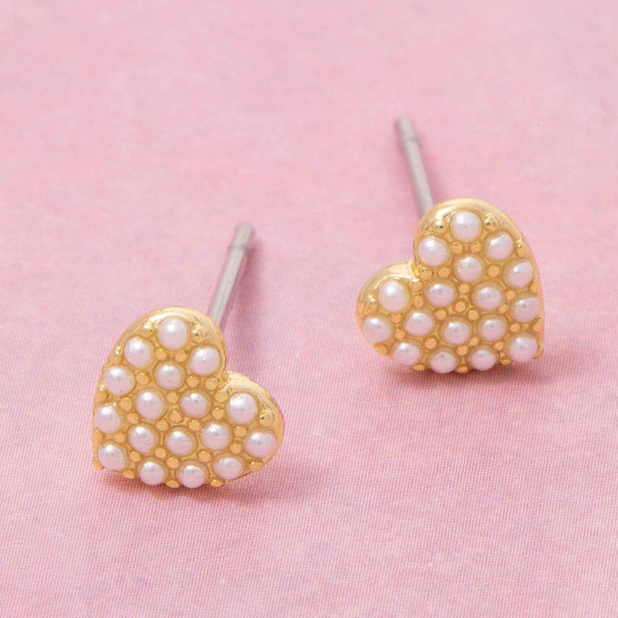 Gold Dipped Pearl Pave Heart Stud Earrings