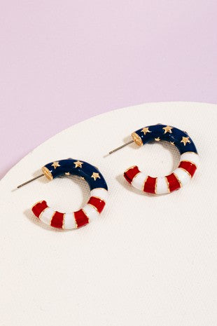 Enamel American Flag Tube Hoop Earrings