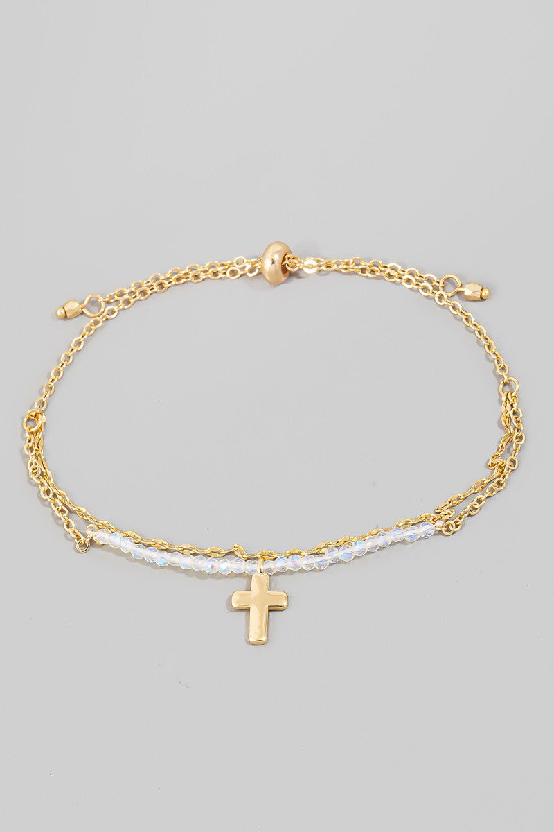 Cross Charm Glass Beads And Chain Bracelet