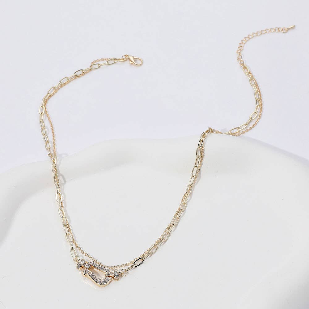14K Gold Plated CZ Buckle Pointed Chain Layered Necklace