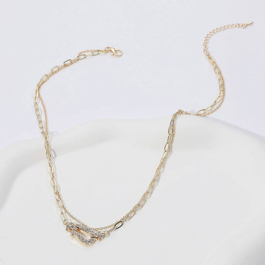 14K Gold Plated CZ Buckle Pointed Chain Layered Necklace