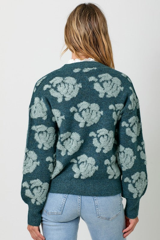 Floral Button Down Cardigan- Teal