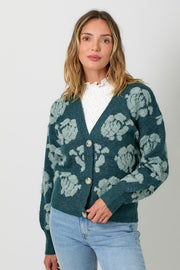 Floral Button Down Cardigan- Teal