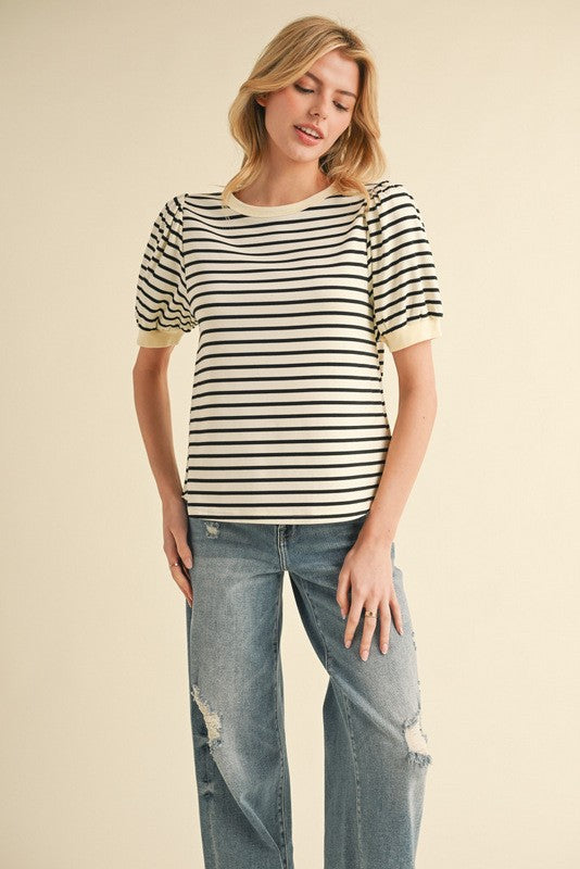 Striped Short Sleeve Top- Black