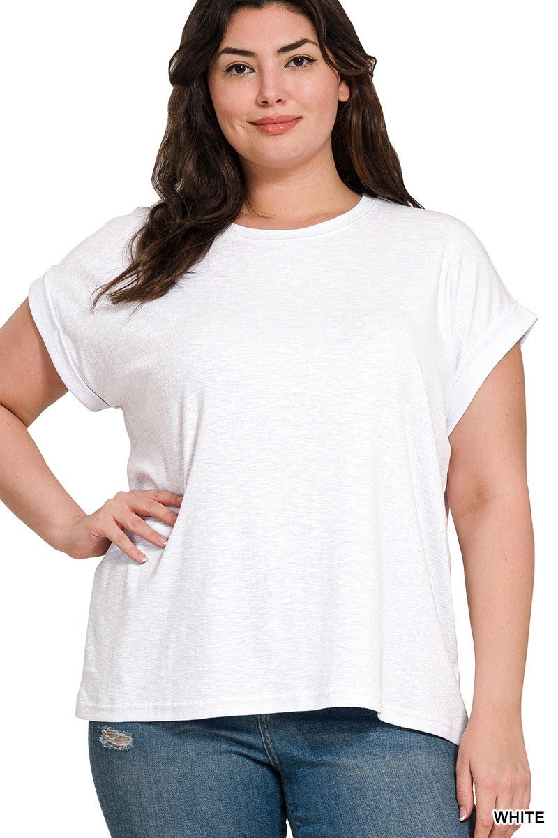 Cotton Modal Slub Rolled Sleeve Tee-Plus