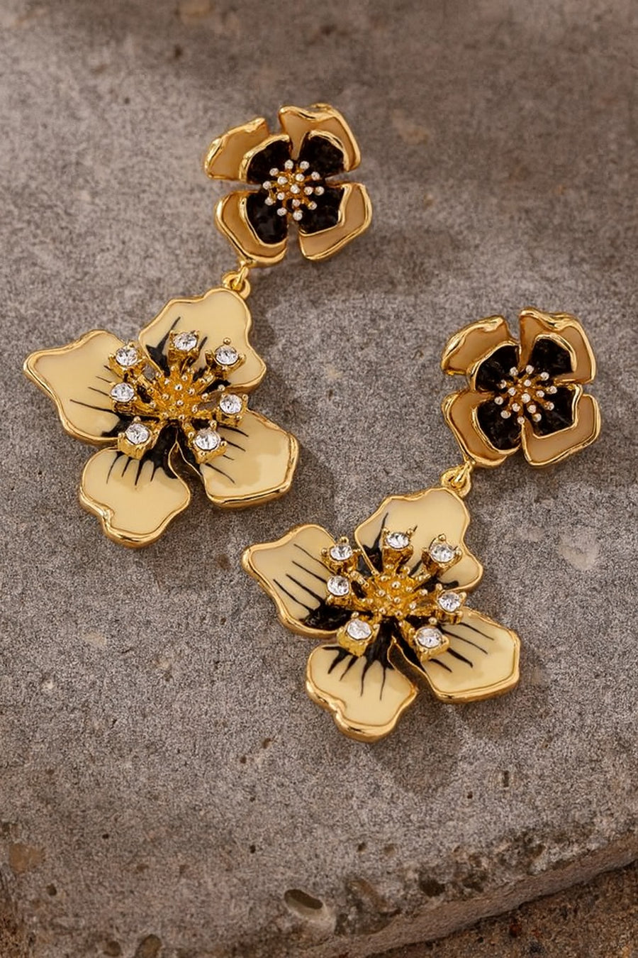 Ivory And Black Flower Drop Earrings