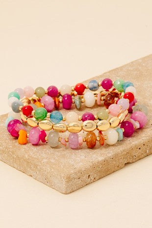 Stone And Metallic Beaded Bracelet Set- Multi