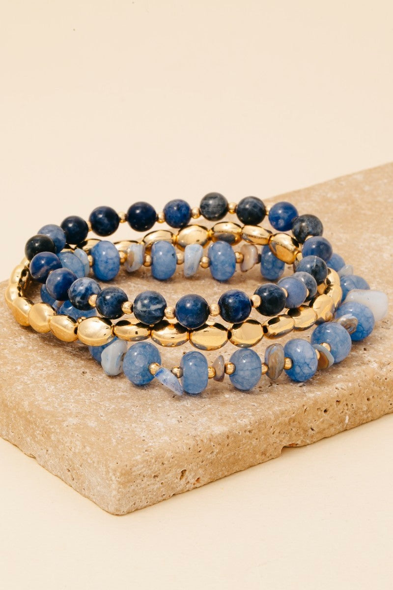 Stone And Metallic Beaded Bracelet Set- Blue