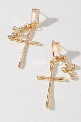 Metal Cross Crystal Accent Drop Earrings