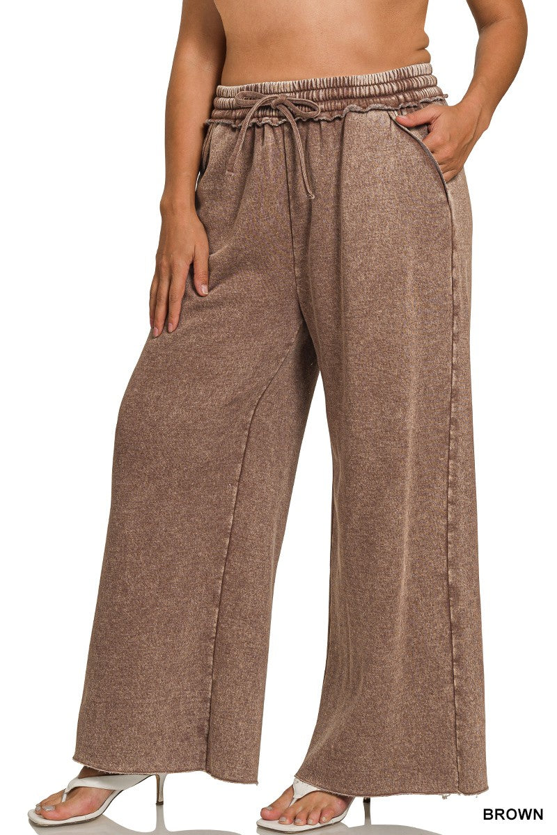 Acid Wash Fleece Sweatpants- Brown