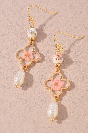 Ceramic Clover Pearl Bead Dangle Earrings