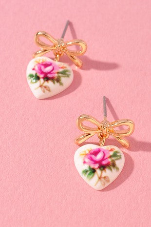 Heart Ceramic Floral Pattern Ribbon Bow Earrings