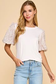Eyelet Puff Sleeves Top- Ivory