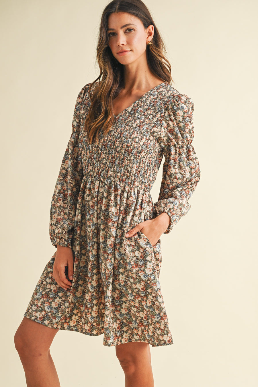 Vintage Flower Print Smocked Dress
