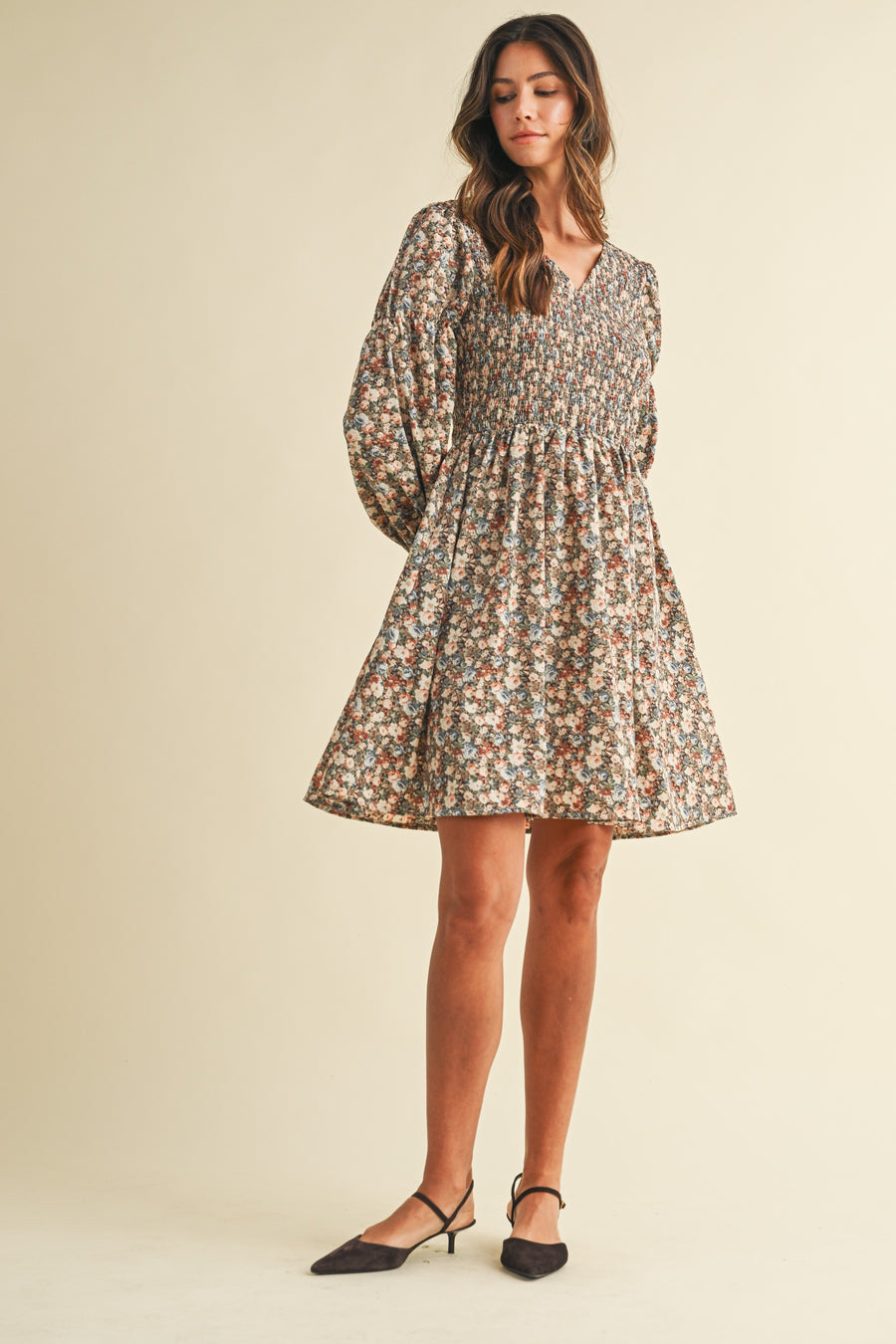 Vintage Flower Print Smocked Dress