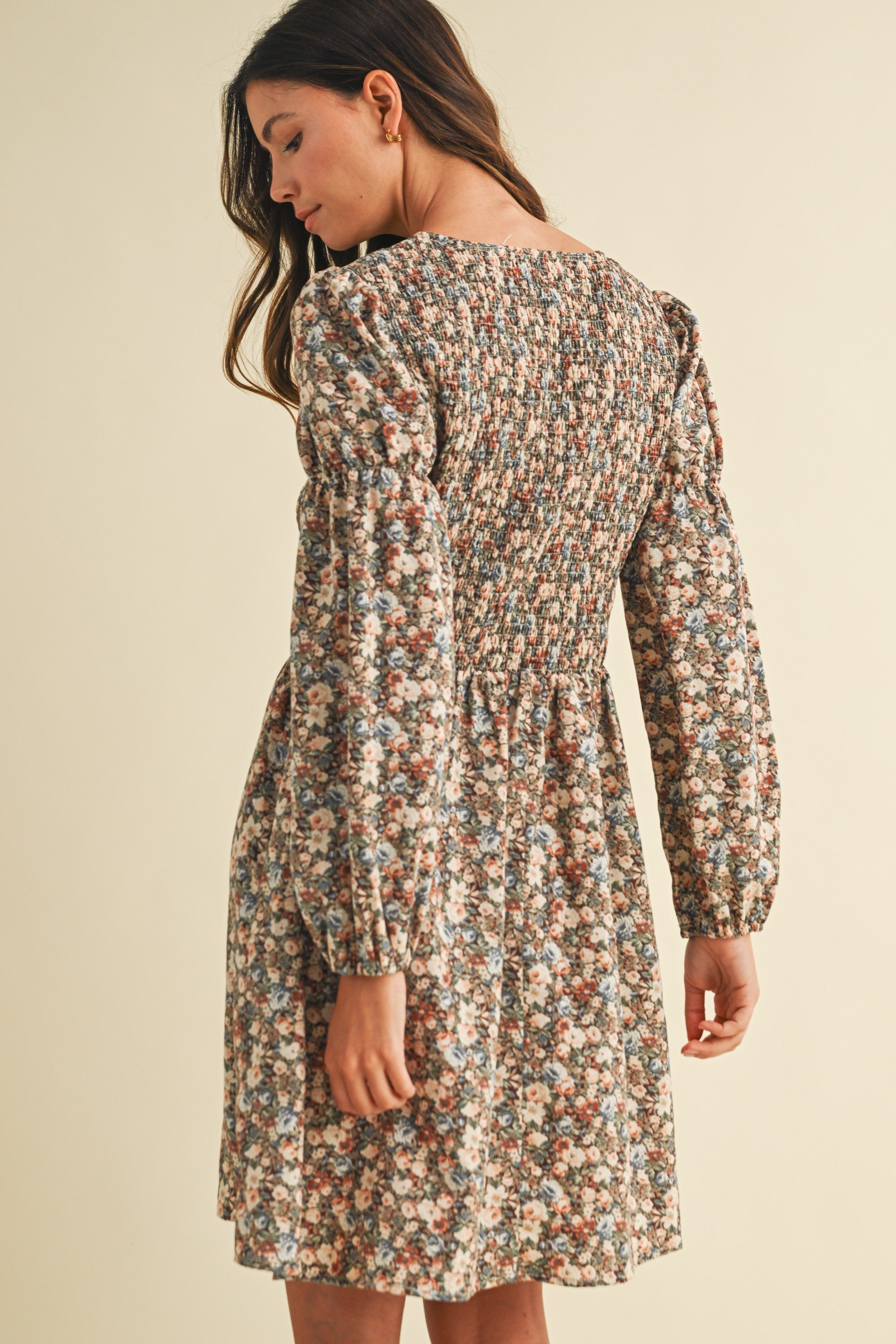 Vintage Flower Print Smocked Dress