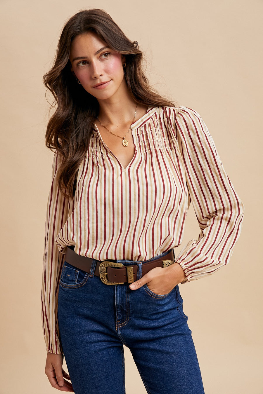 Stripe Smocked  Blouse