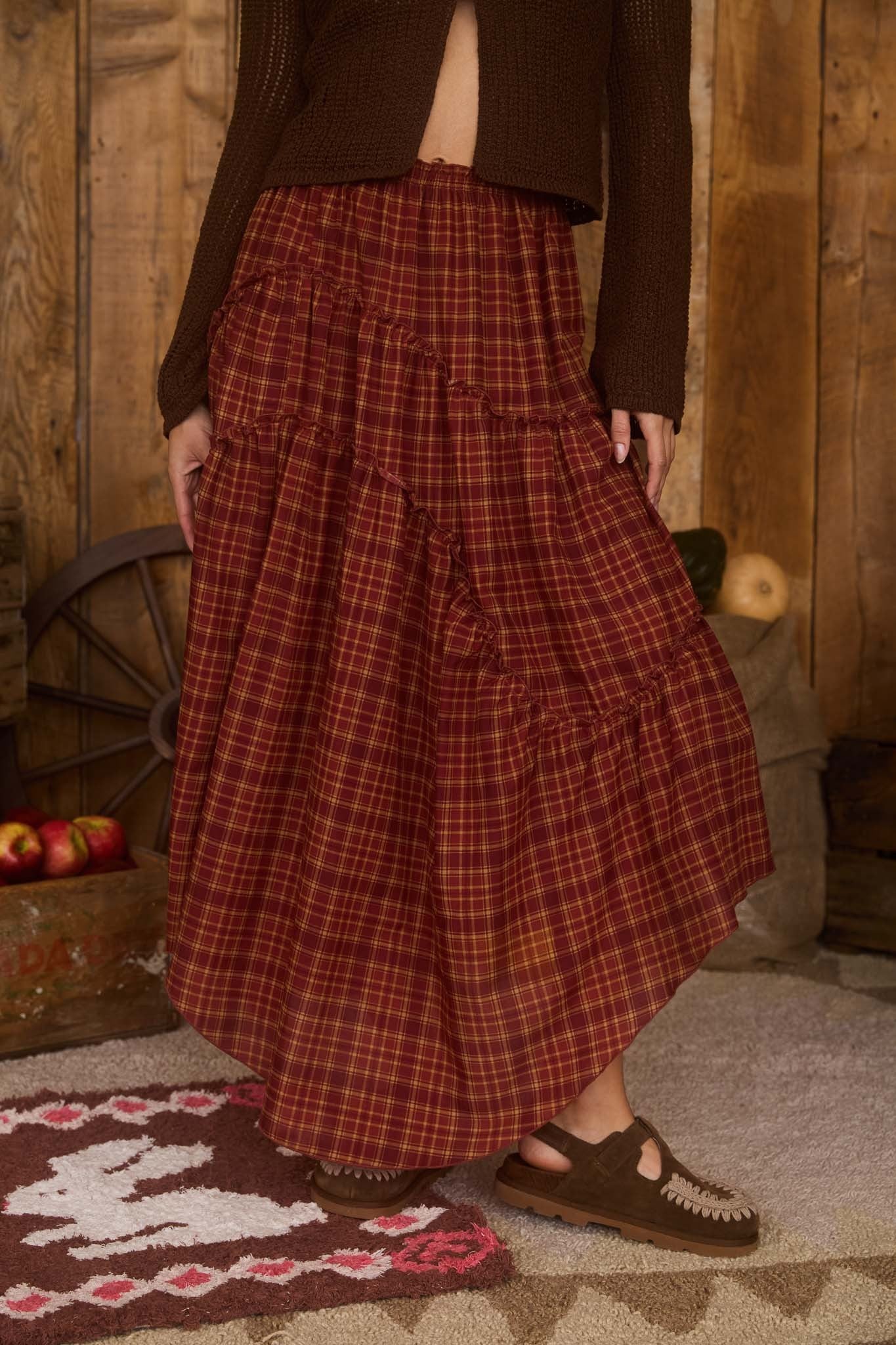 Plaid Ruffle Detail Handkerchief Midi Skirt