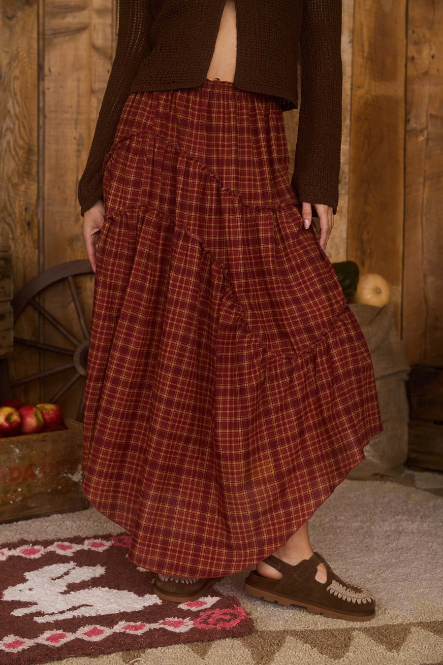 Plaid Ruffle Detail Handkerchief Midi Skirt