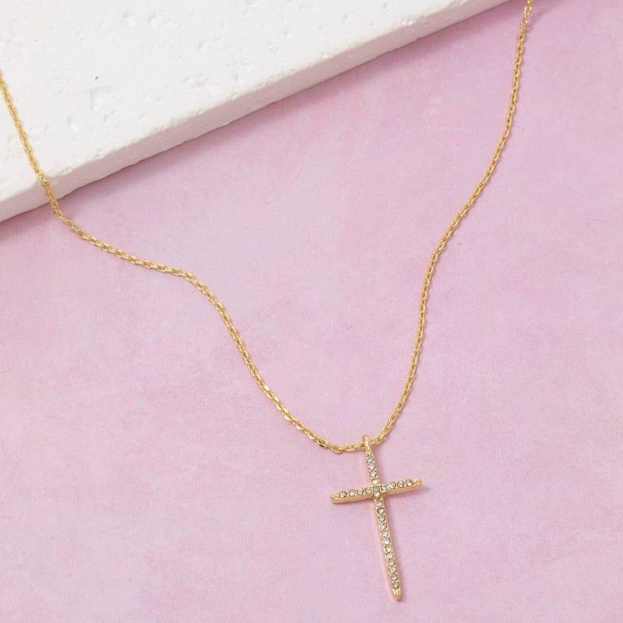 Gold Dipped Thin Cz Cross Pendant Necklace