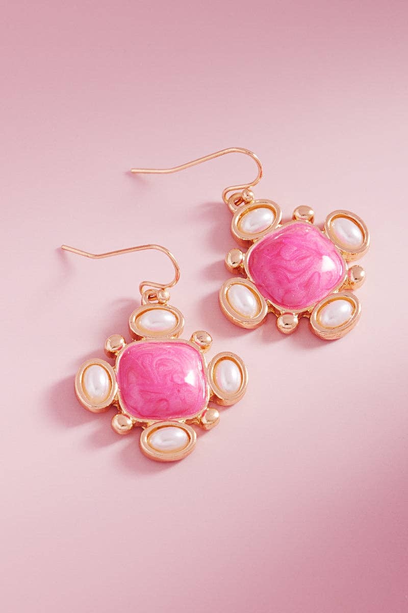 Square Enamel Pearls Earrings