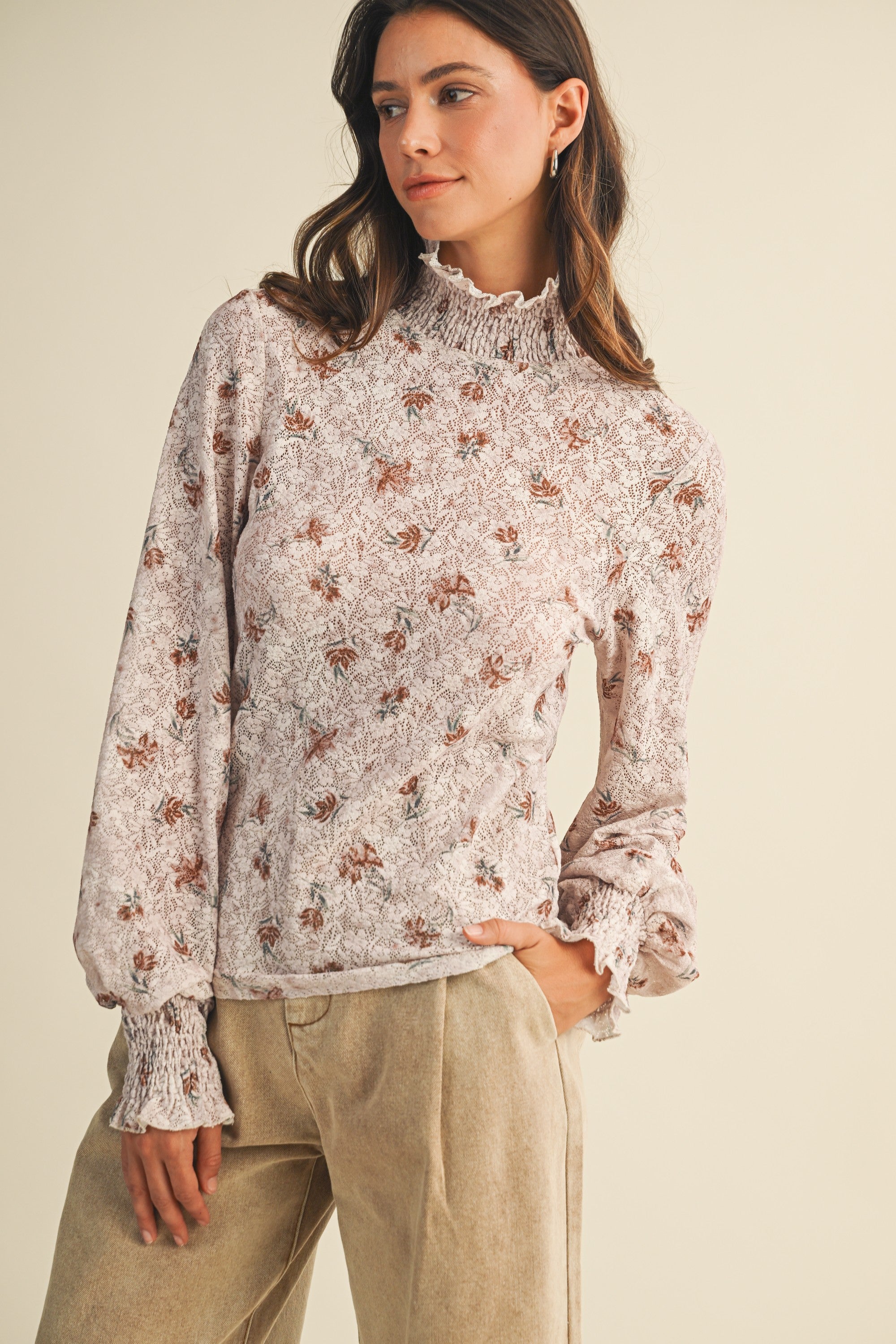 Floral Stretch Lace Smocked Mock Neck Top