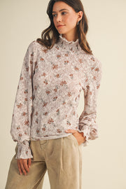 Floral Stretch Lace Smocked Mock Neck Top
